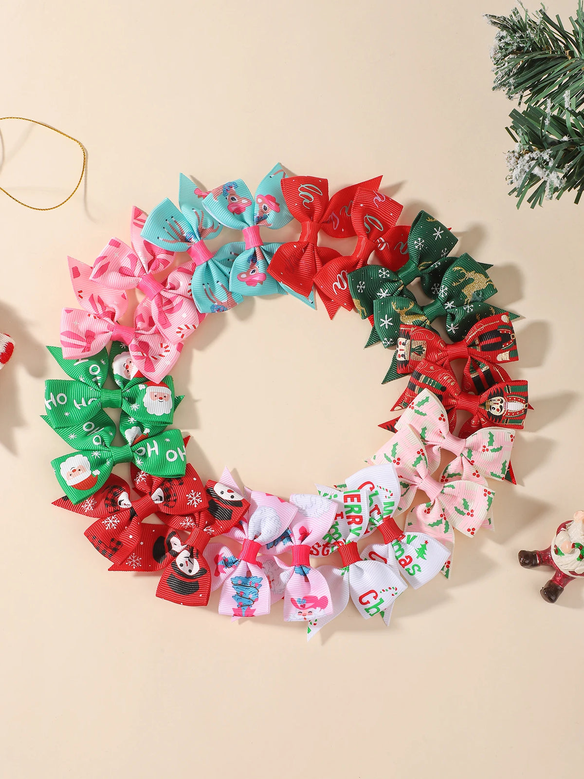 20Pcs New Year Ribbon Bows Hair Clips Set for Baby Girls 2.4' Christmas Elk Santa Bowknots Hairpins Headwear Hair Accessories
