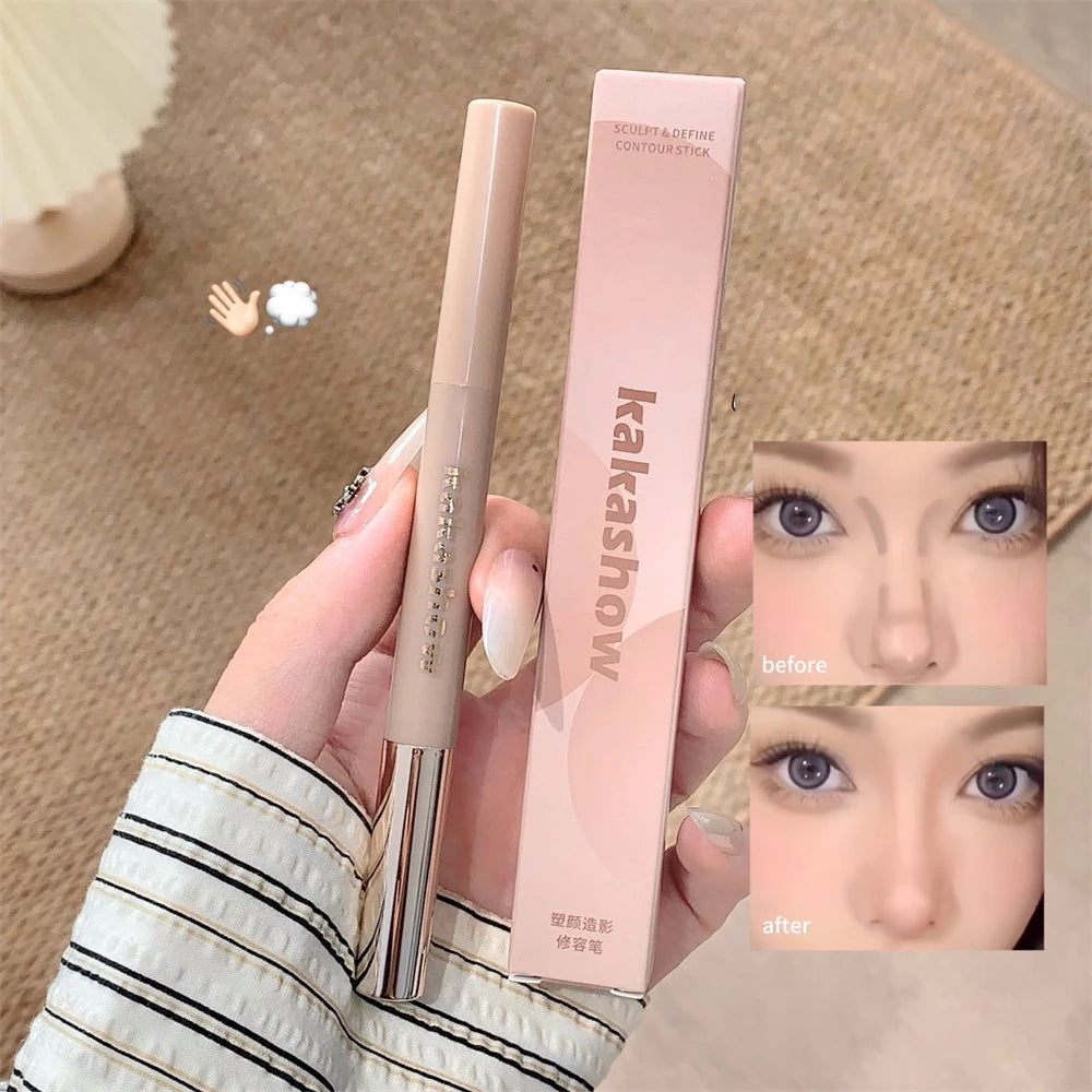 3D Contouring Pen Matte Bronzer Stick Grey Brown Nose Shadow Contour Pen With Brush Double Head Facial Contour Stick Makeup