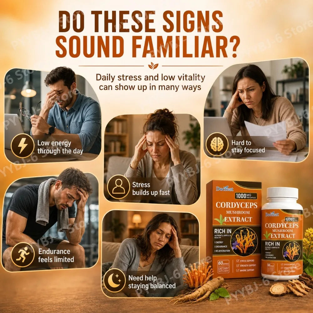 Docteat Cordyceps Mushroom Extract Capsules with Energy Mental Clarity Stress Balance Support Daily Vitality, 60 Capsules