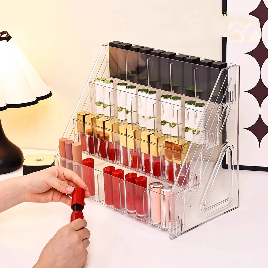 Compartmentalized Lipstick Storage Box, Premium Cosmetic Organizer, Transparent Stepped Desktop Holder, Makeup Brush Pen Holder