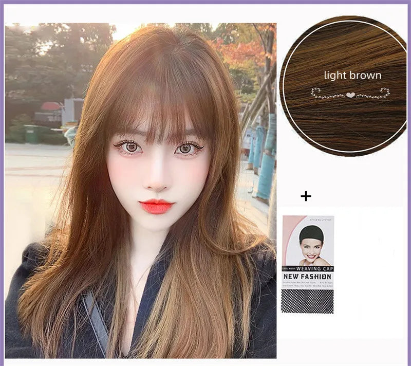 Korea Hair Extensions Synthetic Cute JK Girl Cosplay Air Bangs Wig Breathable Head Cover 50cm Long Straight Wig Hat for Women