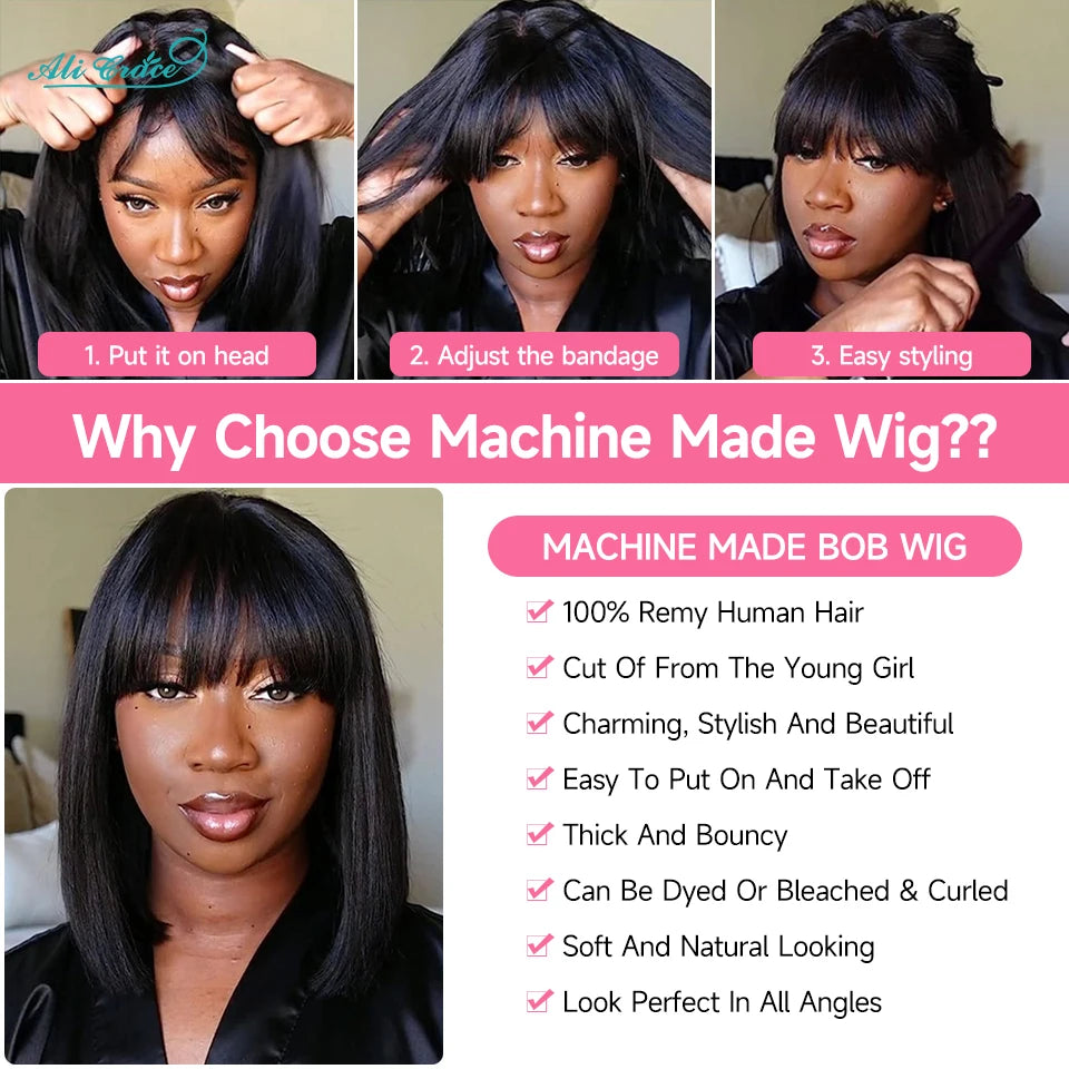 Ali Grace Straight Bob Human Hair Wigs With Bang Natural Color Full Machine Made Wigs 180% Density Brazilian Remy Hair Bob Wigs