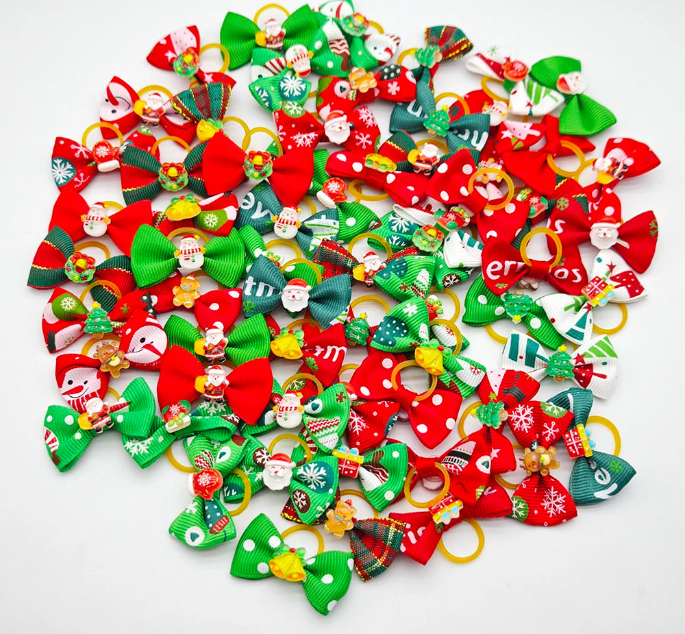 30Pcs Christmas Dog Hair Bows with Rubber Bands Santa Snowman Xmas Pet Grooming Accessories Yorkshire Puppy Holiday Party Decor