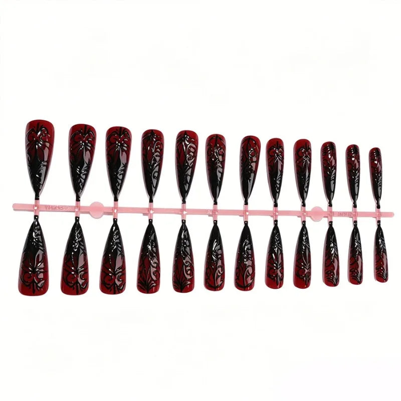 24Pcs Fake Nails Halloween-Themed Long Pointed Nails with Embossed Blood-Red Spider Web Gradient Design Press-On Nails