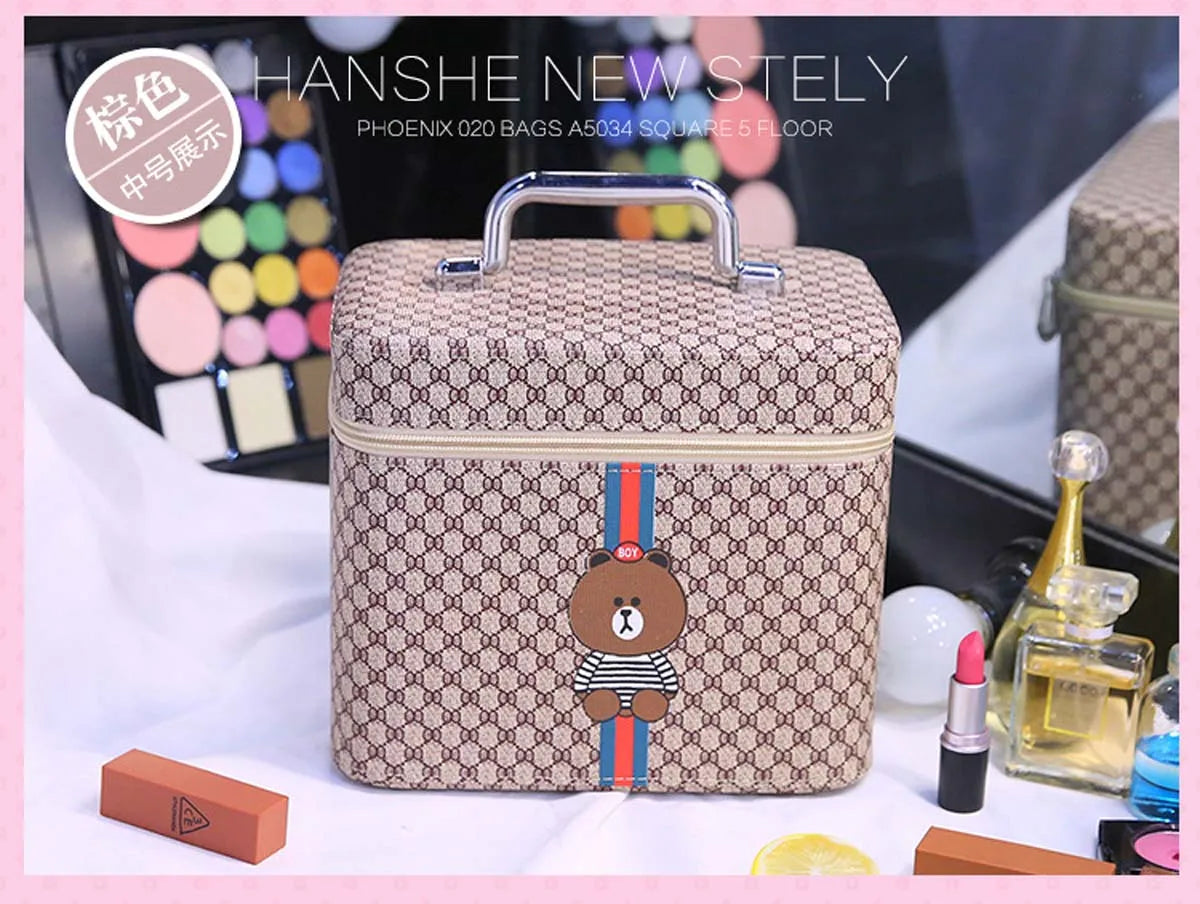 Large capacity new makeup bag Travel portable makeup case Portable high-end PU leather cosmetics storage bag cute bear pattern