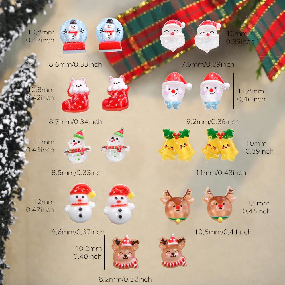 50pcs/bag 3D Resin Christmas Nail Charms Cute Snowman Elk Santa Claus Nail Art Rhinestones Xmas Winter Nails Jewelry Decorations