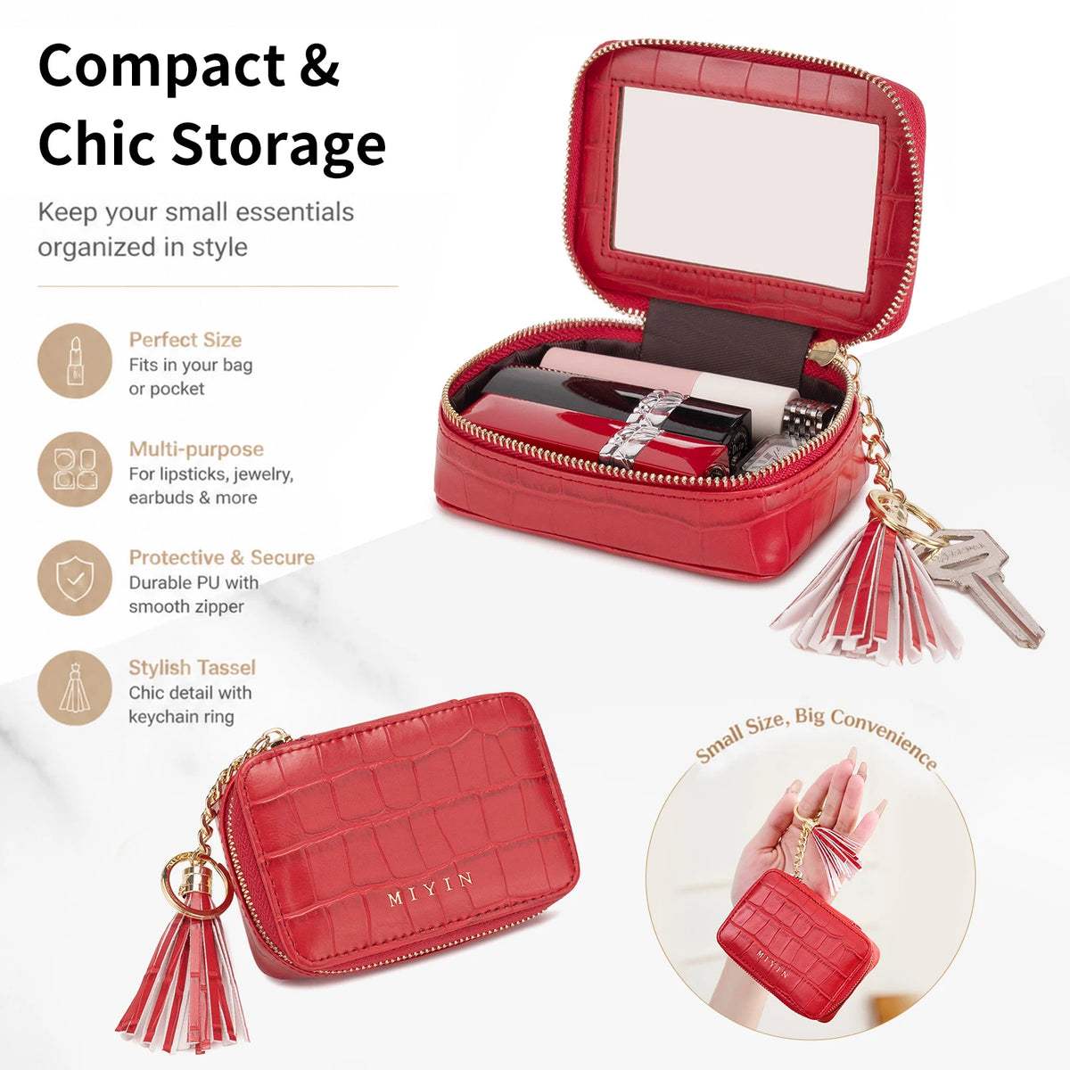 Mini Lipstick Makeup Bag Multifunctional Portable Travel Organizer Crocodile-Patterned PU Leather Womens Toiletry Bag Coin Purse