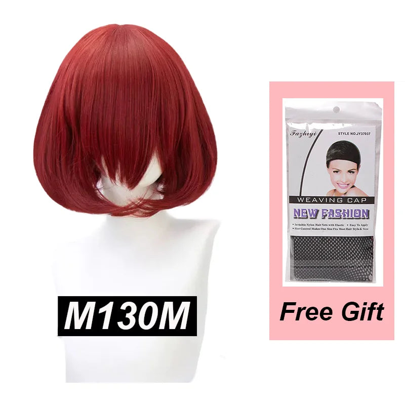 Snoya 35cm Synthetic Short Bob Straight Hair with Trimmable Bangs Lolita Pink Green Blonde Red Cosplay Wigs for Women+Wig Cap
