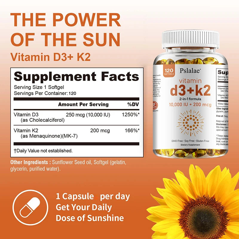 Vitamin D3 10000 IU with K2 200 Mcg | 2 in 1 Support Immune, Heart, Joint, Teeth & Bone Health