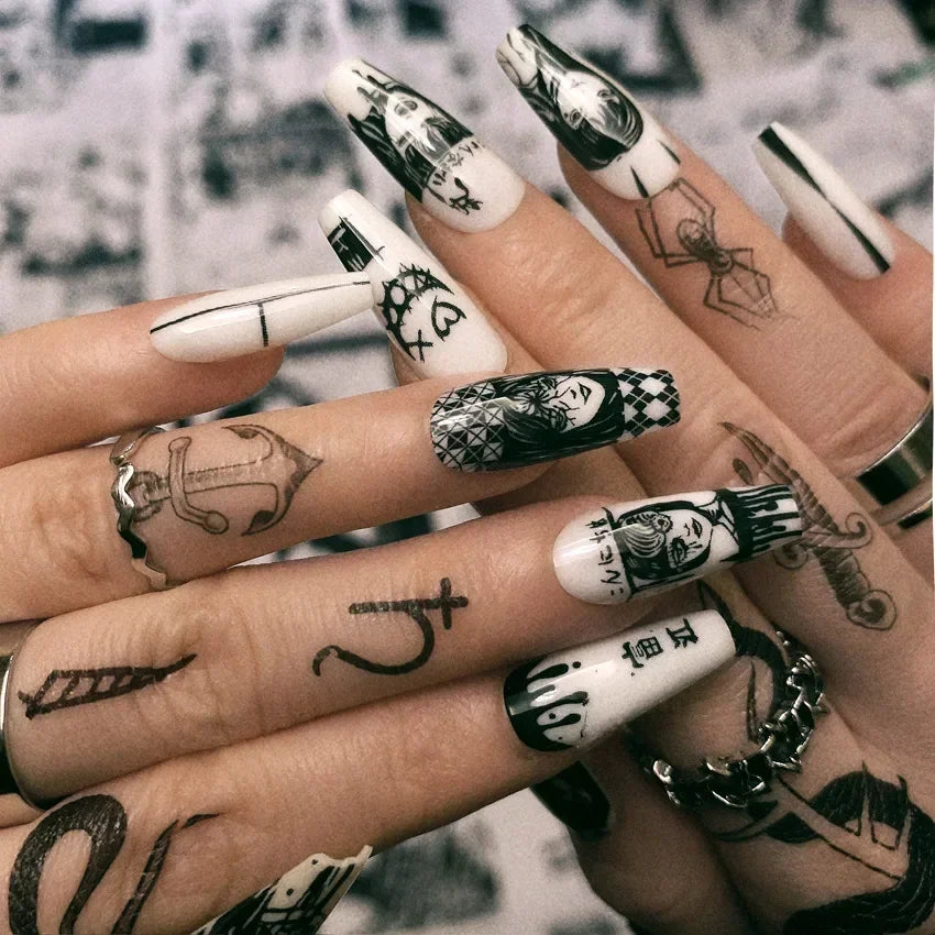 24Pcs Long pointed Halloween False Nails White Irregular Flame Stripes Nail Art Fake Nail Stickers For Women and Girls