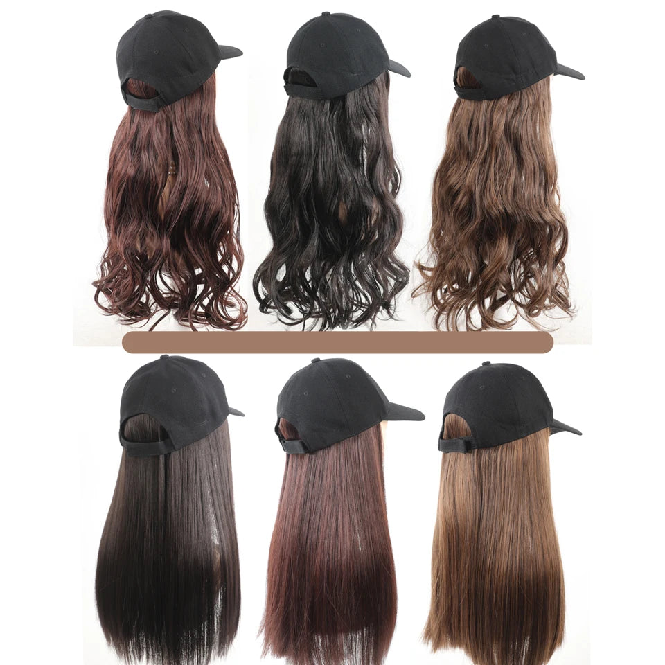 Long Wavy Curly Synthetic Wig Baseball Cap Hair Extensions Hat Wigs Black Brown Adjustable Hairpiece for Women