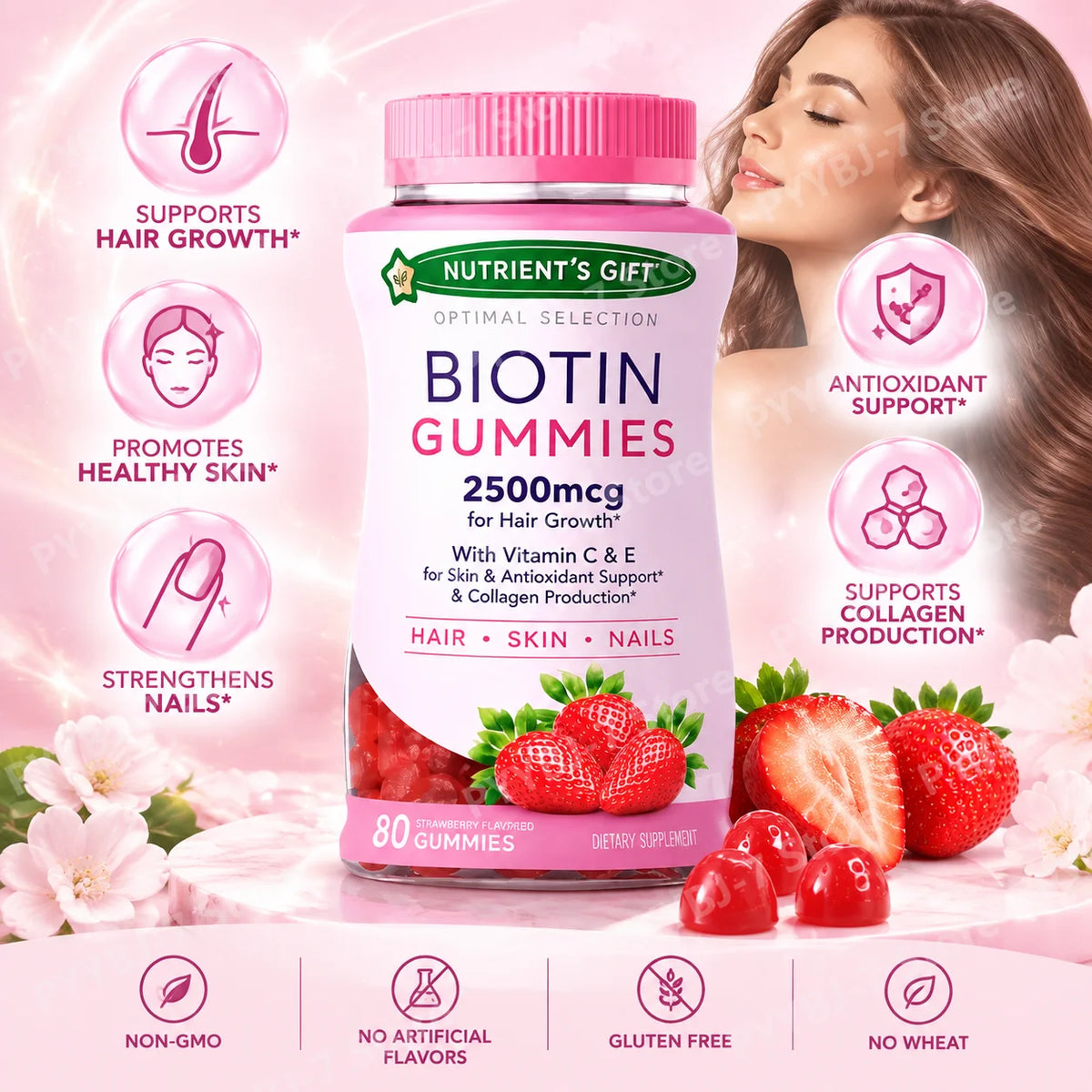Biotin Gummies 2500mcg for Hair Growth Vitamin Gummies with Vitamin C & E for Skin Antioxidant Collagen Production, 80 Gummies