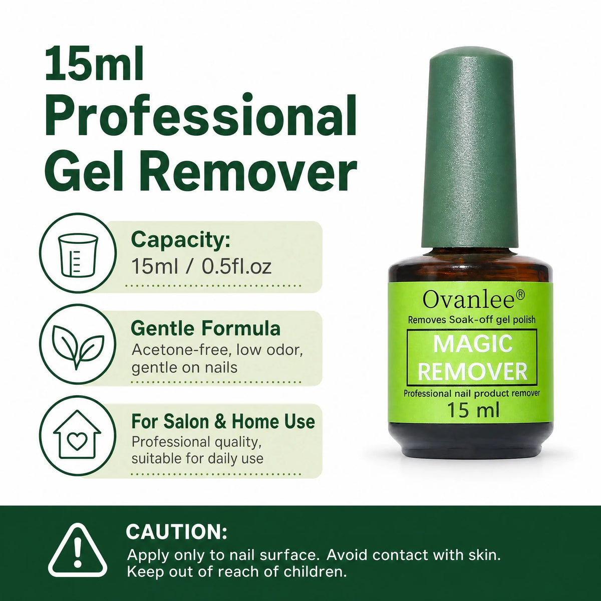 Ovanlee 2-Pack Magic Nail Gel Remover – 15ml X 2 Acetone-Free Fast 3-5 Min Burst UV Polish Dissolver, No Foil Wraps, Low Odor & Gentle, Easy Peel-Off Gel Remover for DIY Manicure