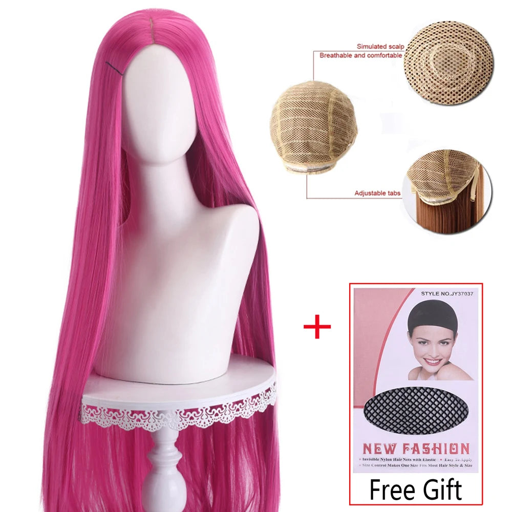 Long Straight Cosplay Wig 100cm Centre Parting Central Split Blond Pink Red Purple Heat Resistant Synthetic Hair Wigs
