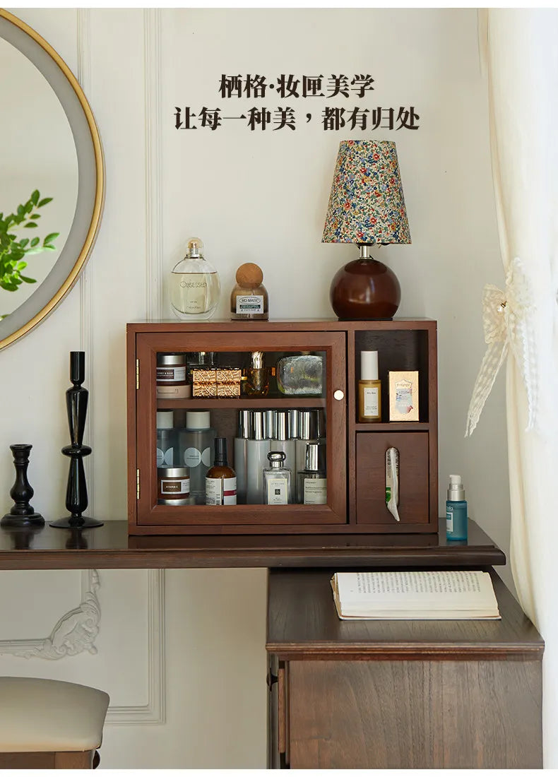 Mid Century Solid Wood Cosmetic Storage Box Drawer Organizer for Perfume Skincare Desktop Vanity Cabinet Rustic Makeup Holder
