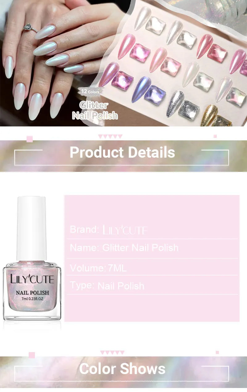 LILYCUTE 7ml Auroras Glitter Nail Polish No Need of UV/LED Lamp Nail Supplies Vernis White Pink Silver Pearl Effect for Nails