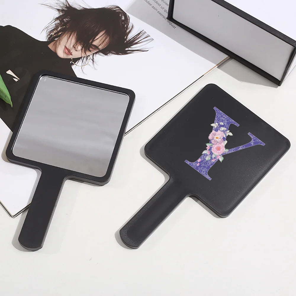 Fashion Universal Square Handheld Makeup Mirror With Handle Portable Vanity Mirror Initial Name Purple Flower 26 Letters Pattern