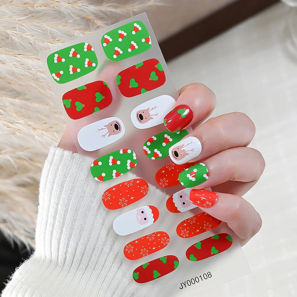 16Tips Christmas Nail Polish Stickers Baking Free Snowflake Santa Claus Elk Design Self-adhesive Nail Art Wrap Xmas Nail Decals*