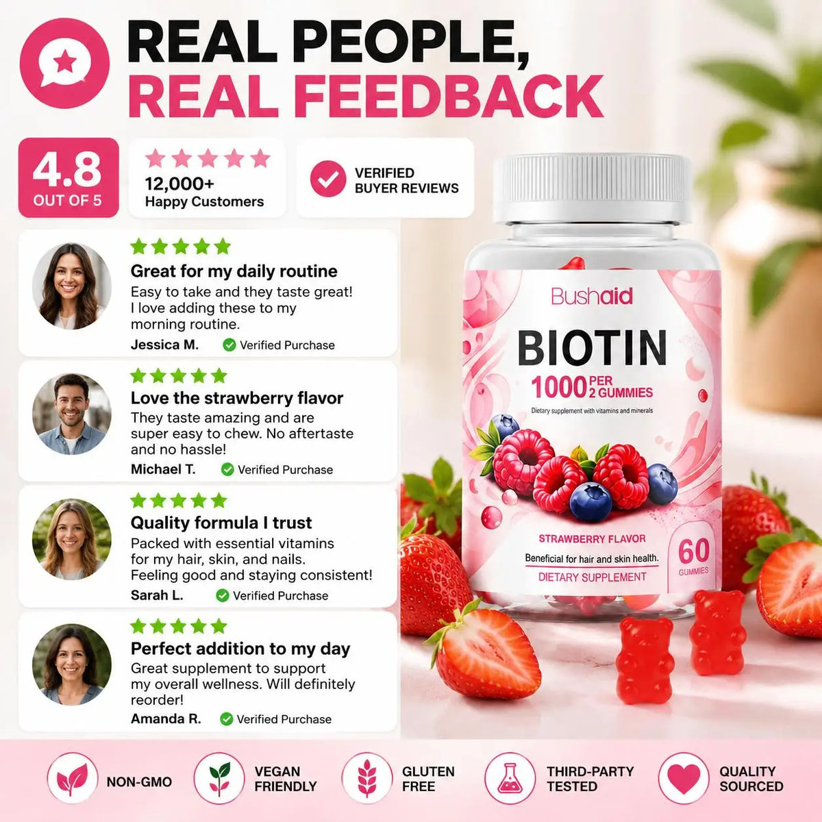 Bushaid Biotin Gummies 1000mcg Hair Skin Nails Vitamins A C D E B6 B12 Folate Strawberry Non-GMO Vegan Gluten Free 60 Count