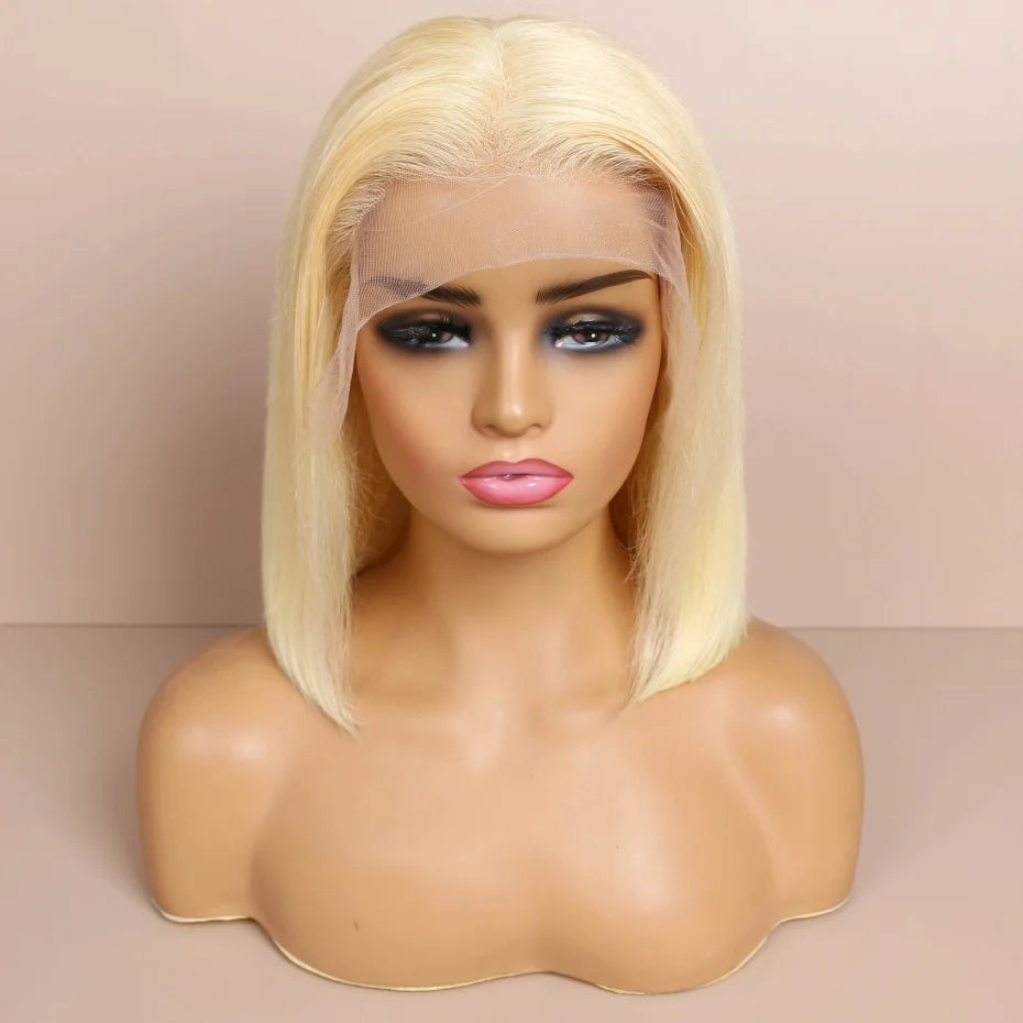 Short Bob Wig Human Hair 13x4 13x6 Transparent Lace Front Human Hair Wigs For Women 613 Honey Blonde Color Lace Frontal Wigs Pre Plucked 220% Density 10 12 14 inch Straight Brazilian Hair