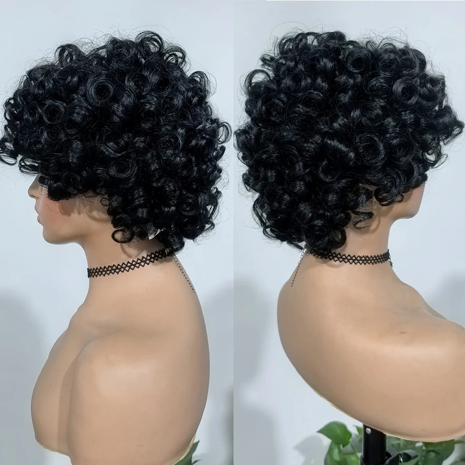 100% Brazilian Virgin Human Hair Short Curly Wigs for Black Women Non Lace Glueless Natural Black Deep Curly Wigs With Bangs