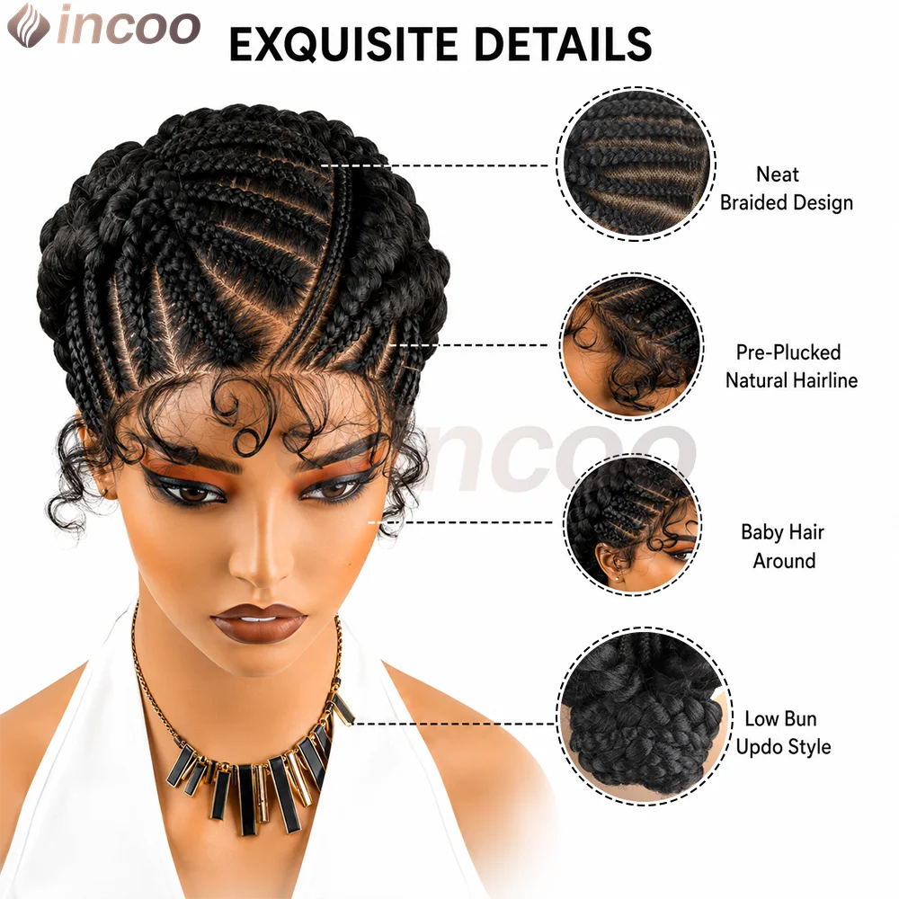 Short Cornnrow Braid Wigs Buns Glueless For Black Women Synthetic HD Full Lace Wig Neat Braids Wig African Protective Style
