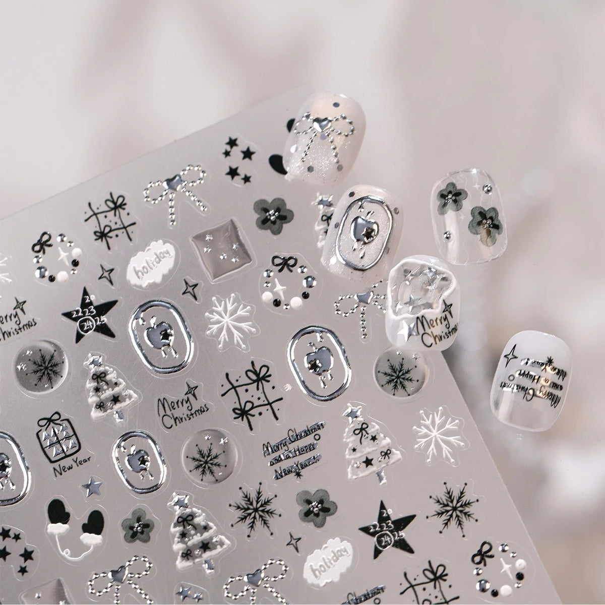 Elegant Winter 5D Silver Metal Xmas Tree Snowflake Bow Star Heart Frame Merry Christmas Nail Art Stickers Manicure Decals DIY