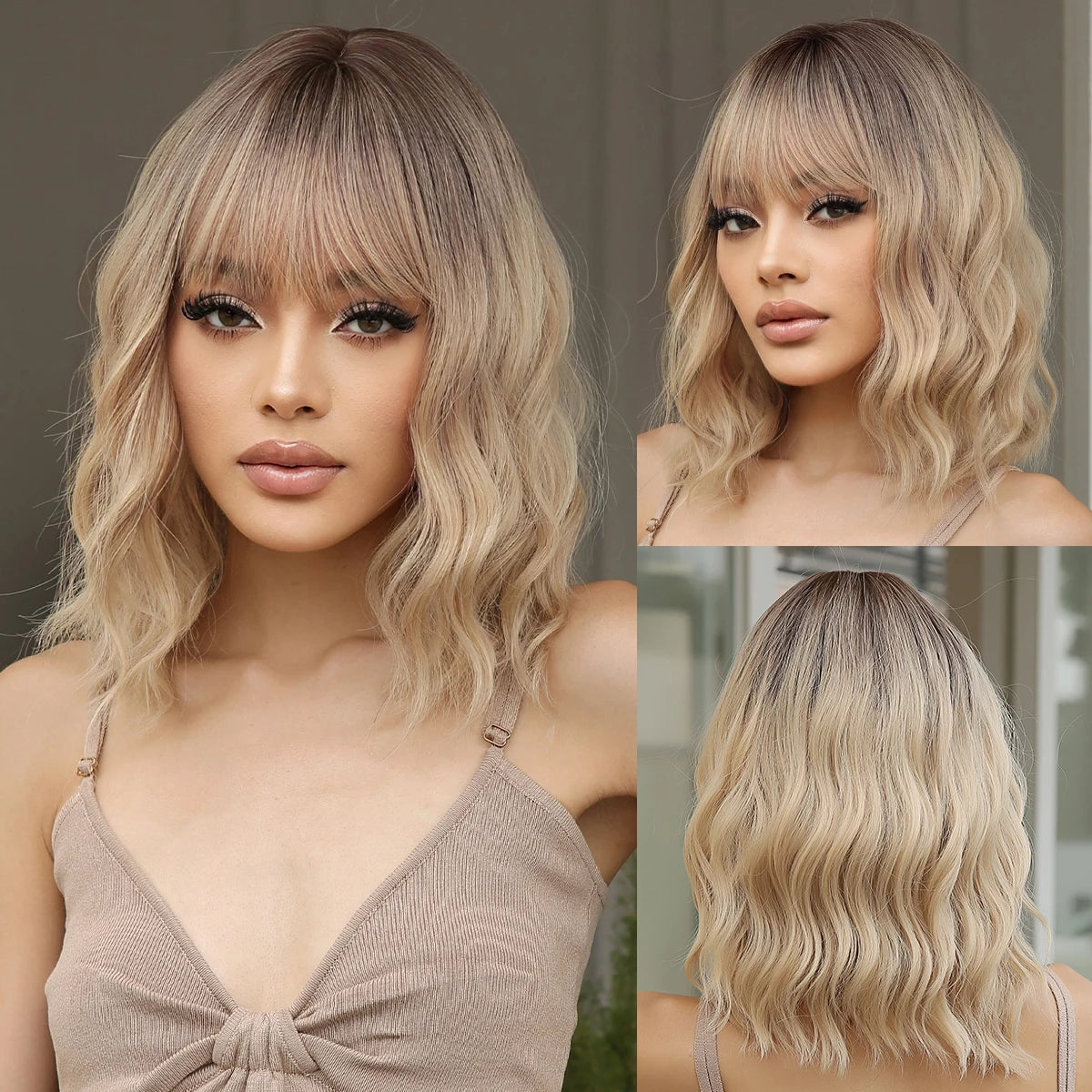 EASIHAIR Short White Bob Synthetic Wigs Short Wavy Lolita Natural Hair Wigs with Bangs for Women Heat Resistant Cosplay Wig