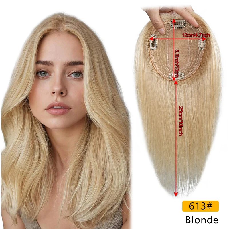 10 Inch 100% Human Hair 13X12cm Hairnet Clip in Hair Topper Extension with Bangs Top Wig Piece for Women Daily Life