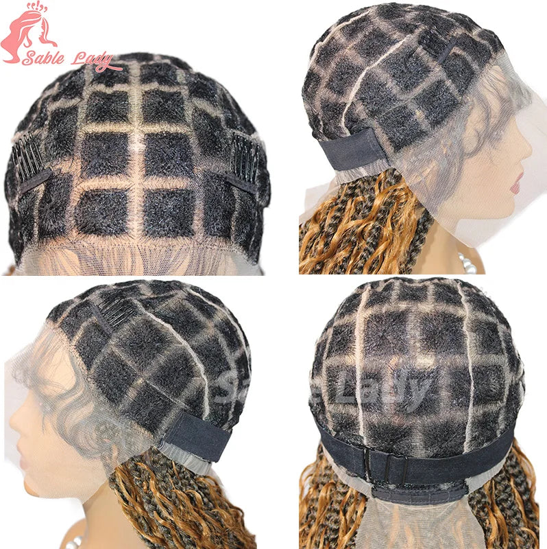 Boho Braided Wigs Synthetic Full Lace Front Wigs Blonde Curly Ends Hair Goddess Locs Cornrows Braid Wigs Knotless Box Braids Wig