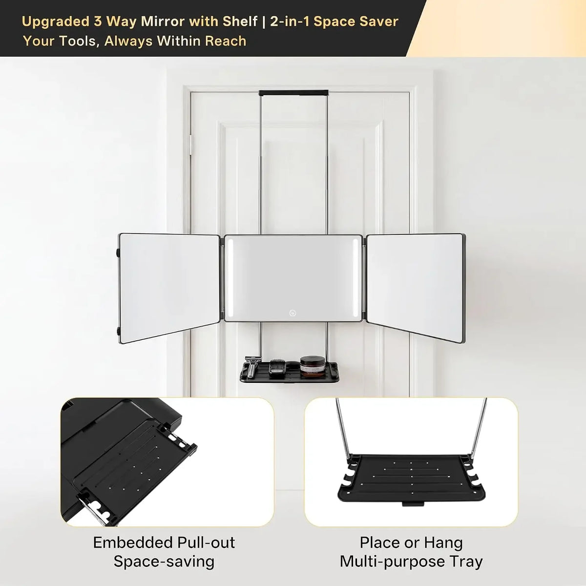 3 Way Mirror for Hair Cutting with LED,360 Trifold with Height Adjustable Telescoping Hooks,for Makeup and Styling (Black)