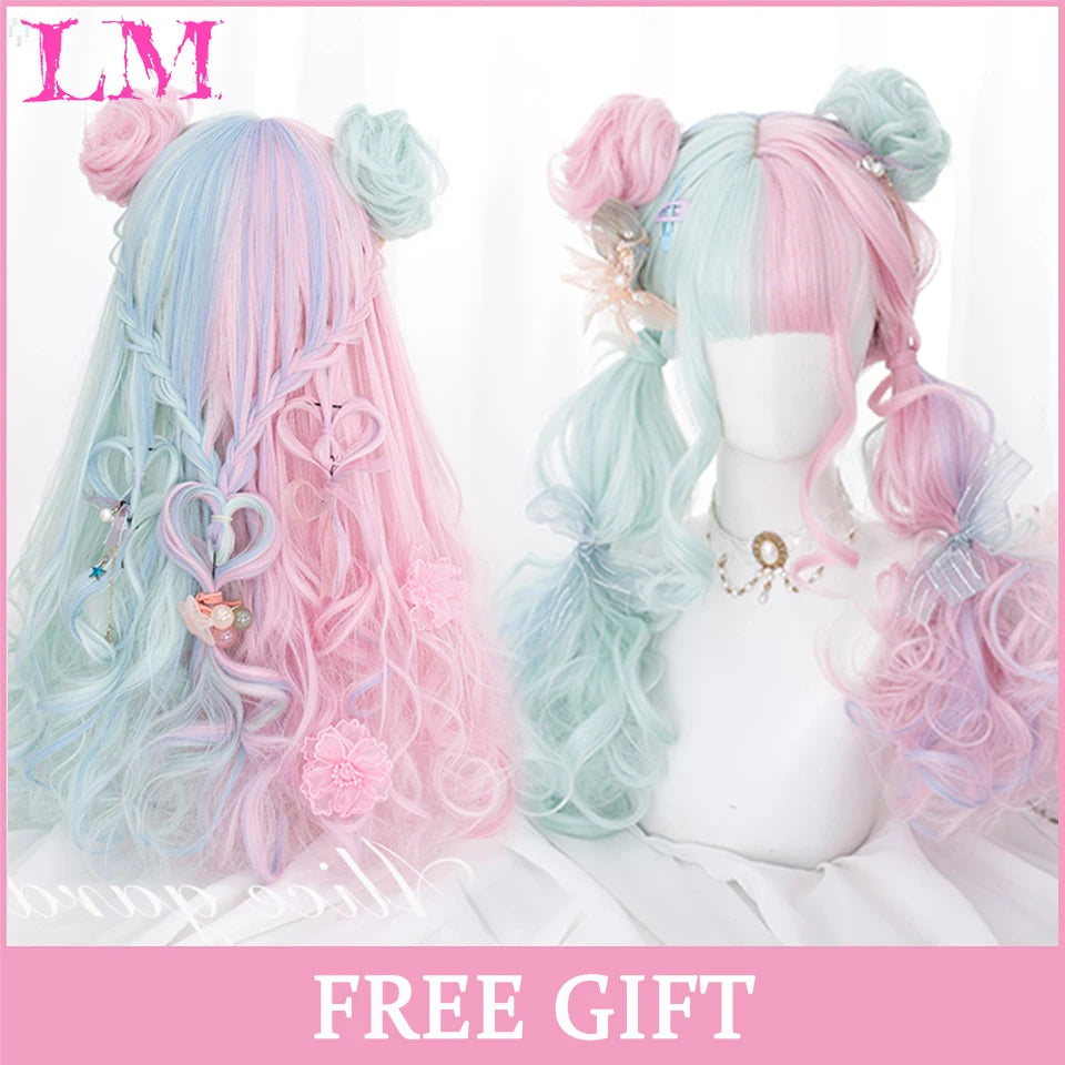 LM Light Blonde Wave Hair Wig Synthetic Long Wavy Wigs with Bangs for Women Cosplay Natural High Temperature Fiber