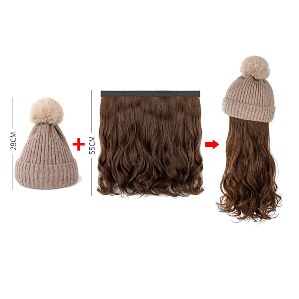 Winter Female Hat Wig With Curly Hair Extensions Synthetic Wave Wig Cap Dismountable Stylish Outdoors Beanie For Camping Hiking