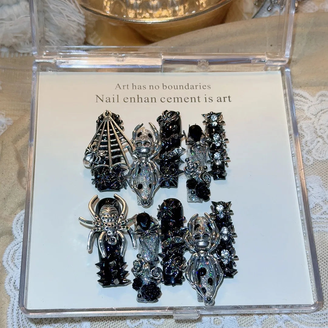 10pcs Handmade Coffin Press on Nails Halloween Gothic Rivet Skull Spider Decor Fake Nail Patches Shibuya Spicy Girl False Nails