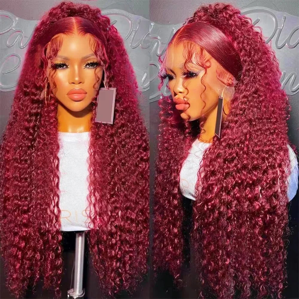 200 Density 13x4 Curly 99J Burgundy Lace Front Wig Red Wine Colored 30 38 Inch Deep Water Wave HD Lace Frontal Human Hair Wigs