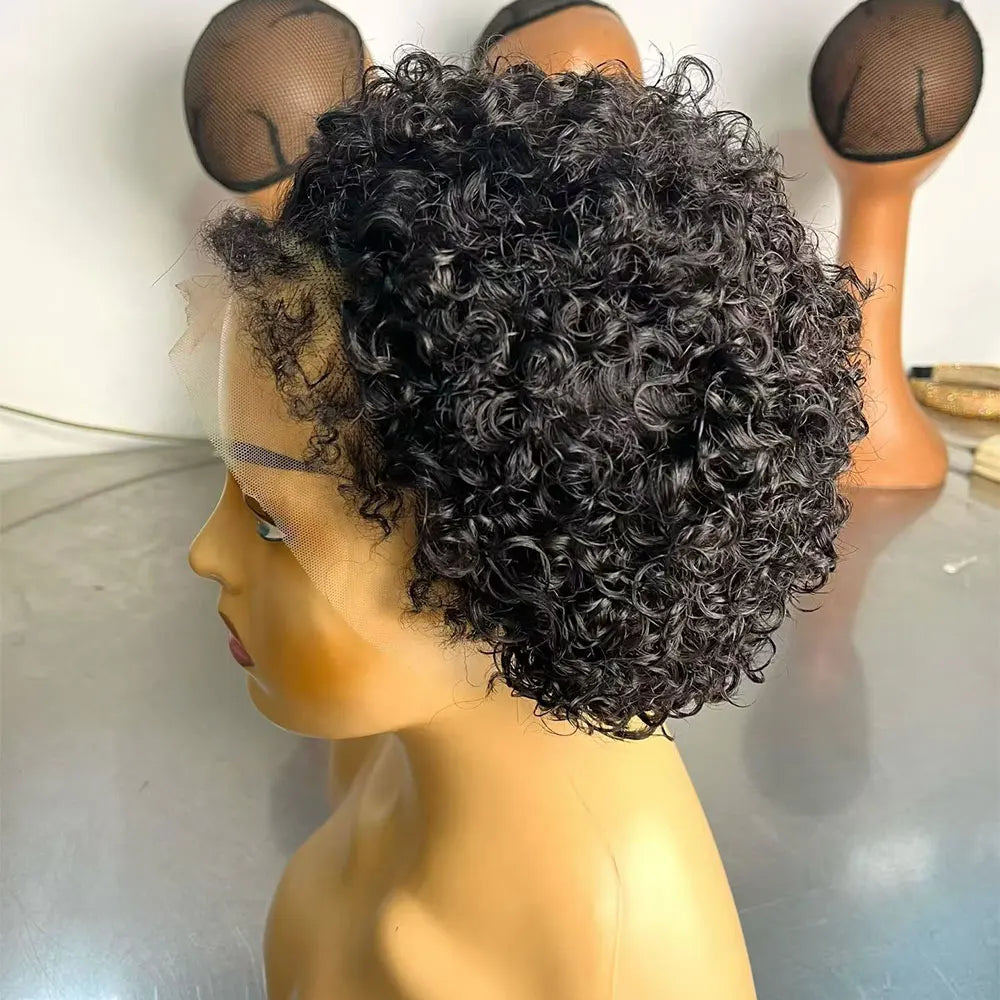 Short Curly Wig 4 Inch 13X4 Lace Front Wig With 4C Baby Hair Hairline Pixie Cut Curly Hair Wigs Human 180% Density With Drawstri