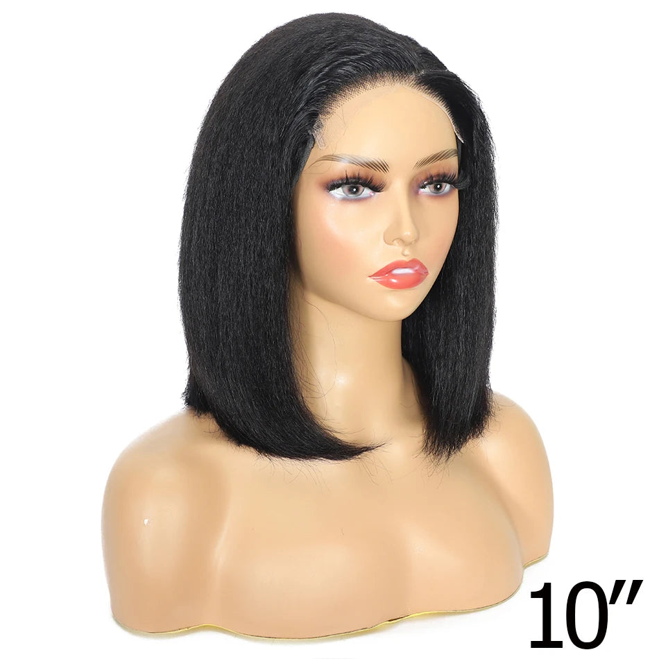 100% Human Hair Bob Yaki Straight Glueless HD Lace Closure Wigs 4C Precut Kinky Straight 5x5 Lace Wig With Drawstring PrePlucked
