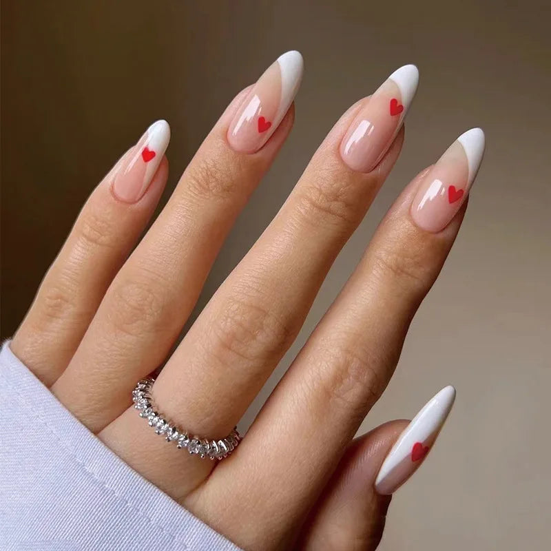 24 Pcs/Set Valentine's Day Long Almond Fake Nails Shape Novelty Pearl Bow Love Press on Nails Art Full Cover Stick-on Nails Tips
