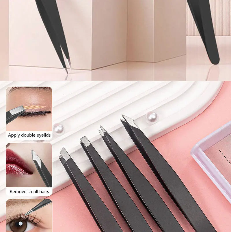 4Pcs Face Hair Removal Eyebrow Tweezers Pincet Clips Stainless Steel Lash Extension Tweezers Slant and Flat Point Beauty Tools