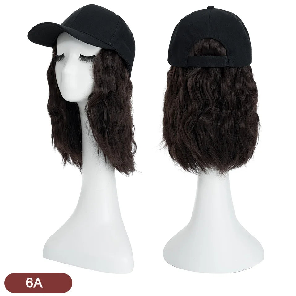 Benehair Hat Wig for Women 8 Inches Wave Baseball Cap Wig with Curly Hair Extensions Wig Synthetic Wave Wig Hat Adjustable Brown