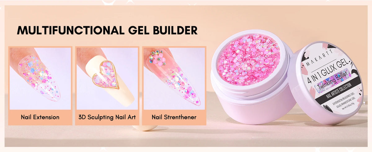 Makartt Solid Gel Builder: 4-in-1 Clear White Non-sticky for Extension 3D Sculpting Nail, UV Glue for Acrylic Tips, Rhinestones