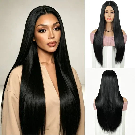QUEENTAS 40 Inch Black Wig with Bangs Long Black Wigs for Women Synthetic Straight Hair Party Daily Wear