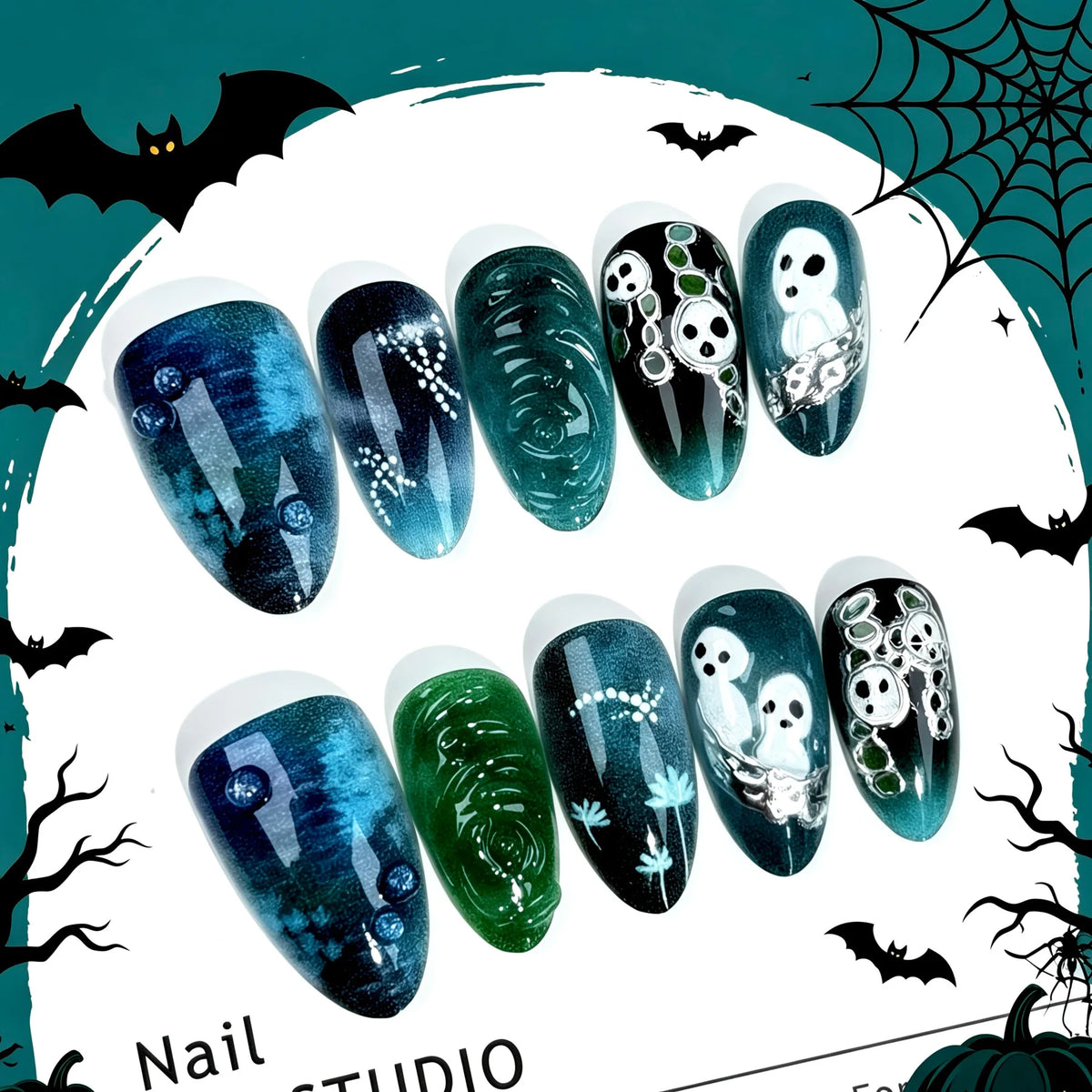 Halloween Pink White Color Press on Nails With 3D Ghost Design Almond Fake Nails INS Sweet Star Moon Decor False Nails 30pcs