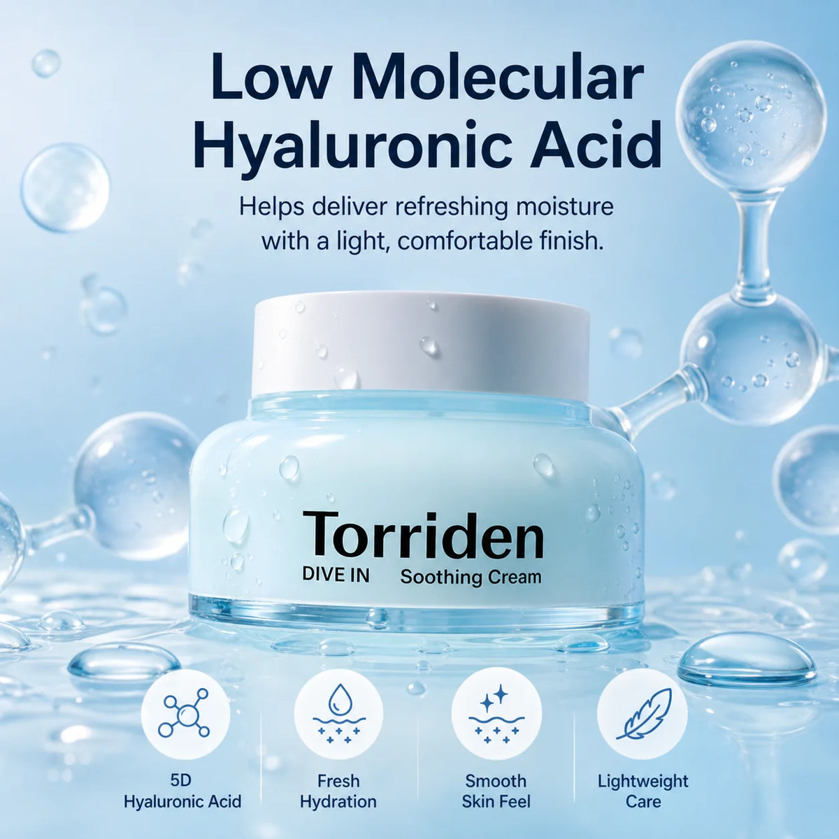 Torriden DIVE‑IN Soothing Gel‑Cream, Cooling Lightweight Moisturizer for Face, Smooth Non‑Greasy Texture, Instant Hydration Calm
