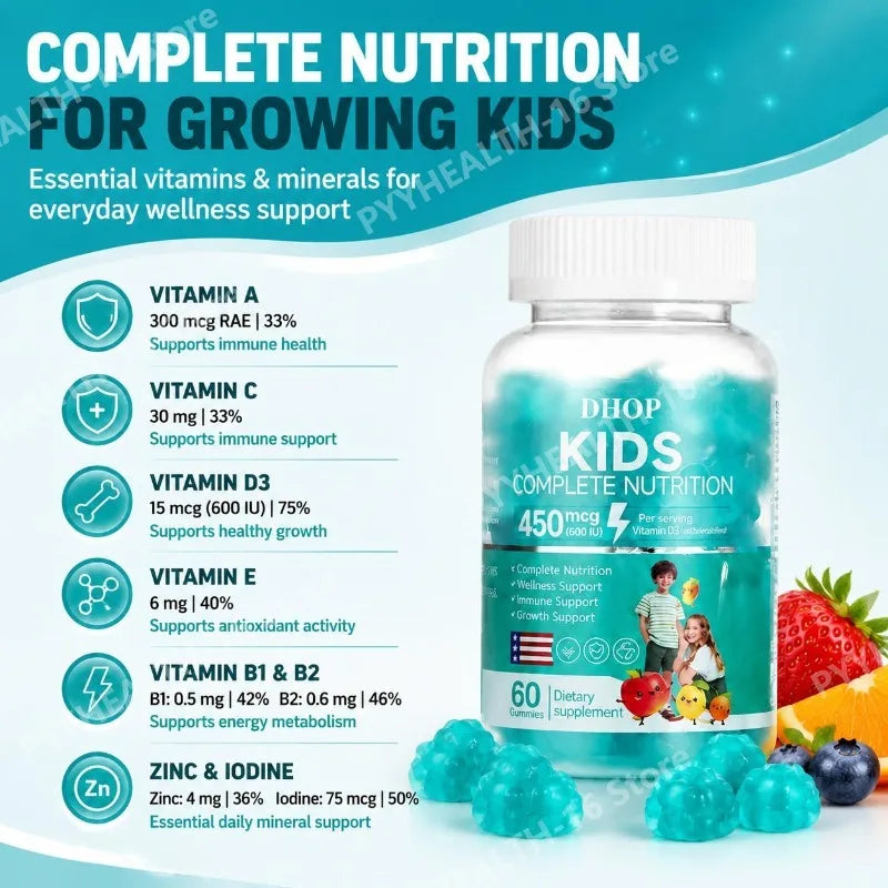 DHOP Kids Multivitamin Gummies Vitamin D3 C Zinc B Vitamins Immune Support Daily Wellness Nutrition Fruit Flavor 60 Gummies
