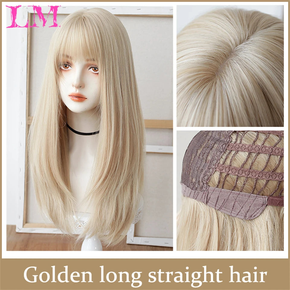 LM Light Blonde Wave Hair Wig Synthetic Long Wavy Wigs with Bangs for Women Cosplay Natural High Temperature Fiber