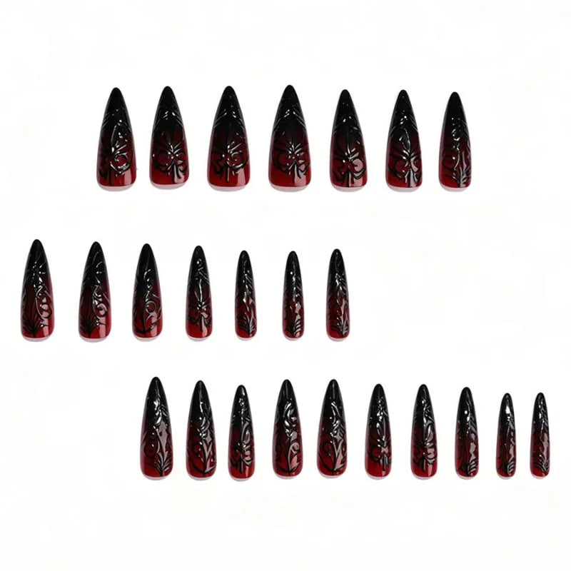 24Pcs Fake Nails Halloween-Themed Long Pointed Nails with Embossed Blood-Red Spider Web Gradient Design Press-On Nails