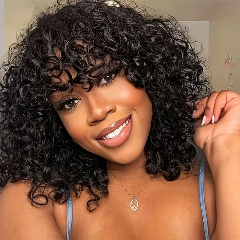 3X1 Middle Part Lace Curly Bob Wigs With Bangs Brazilian Hair Machine Made Short Bob Wig With Realistic Scalp Natural Black Color