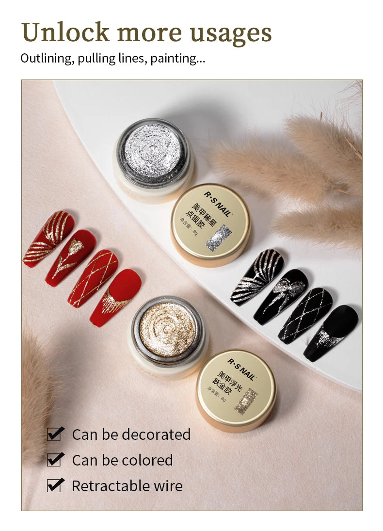 RSNAIL No Wipe Platinum Gel Nail Polish 8g Sparkle Painting Metallic Golden Silvery Liner Gel French Drawing Liner DIY Nail Art