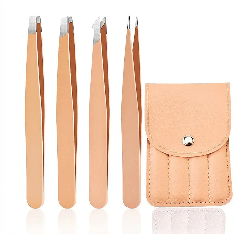 1/4pcs Stainless Steel Tweezers Kit Eyebrow Eyelash Tweezers with Storage Bag Hair Removal Tweezers for Beauty Salon&Home Use